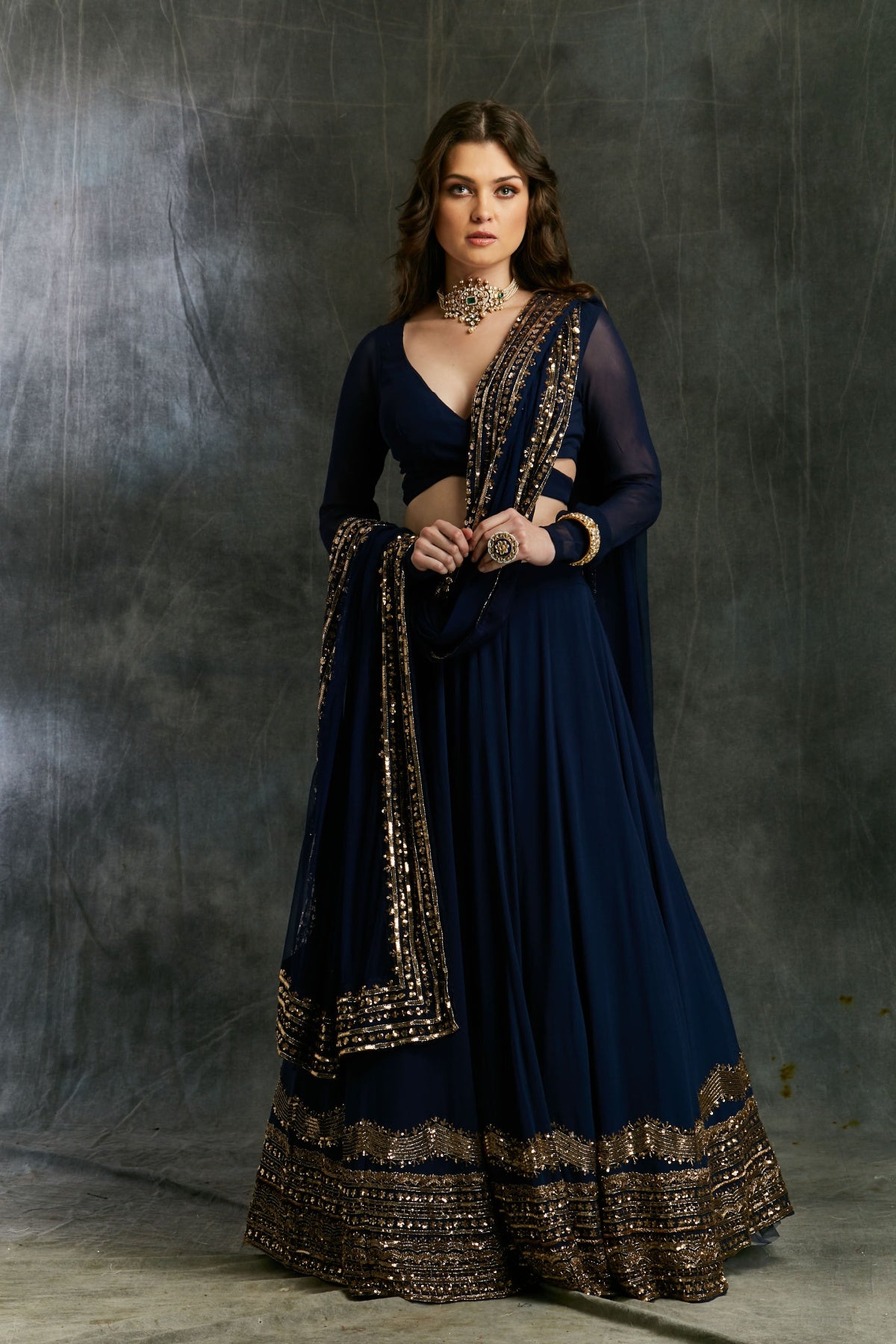 Dark Blue Wrap Blouse Georgette Lehenga- Ready To Ship