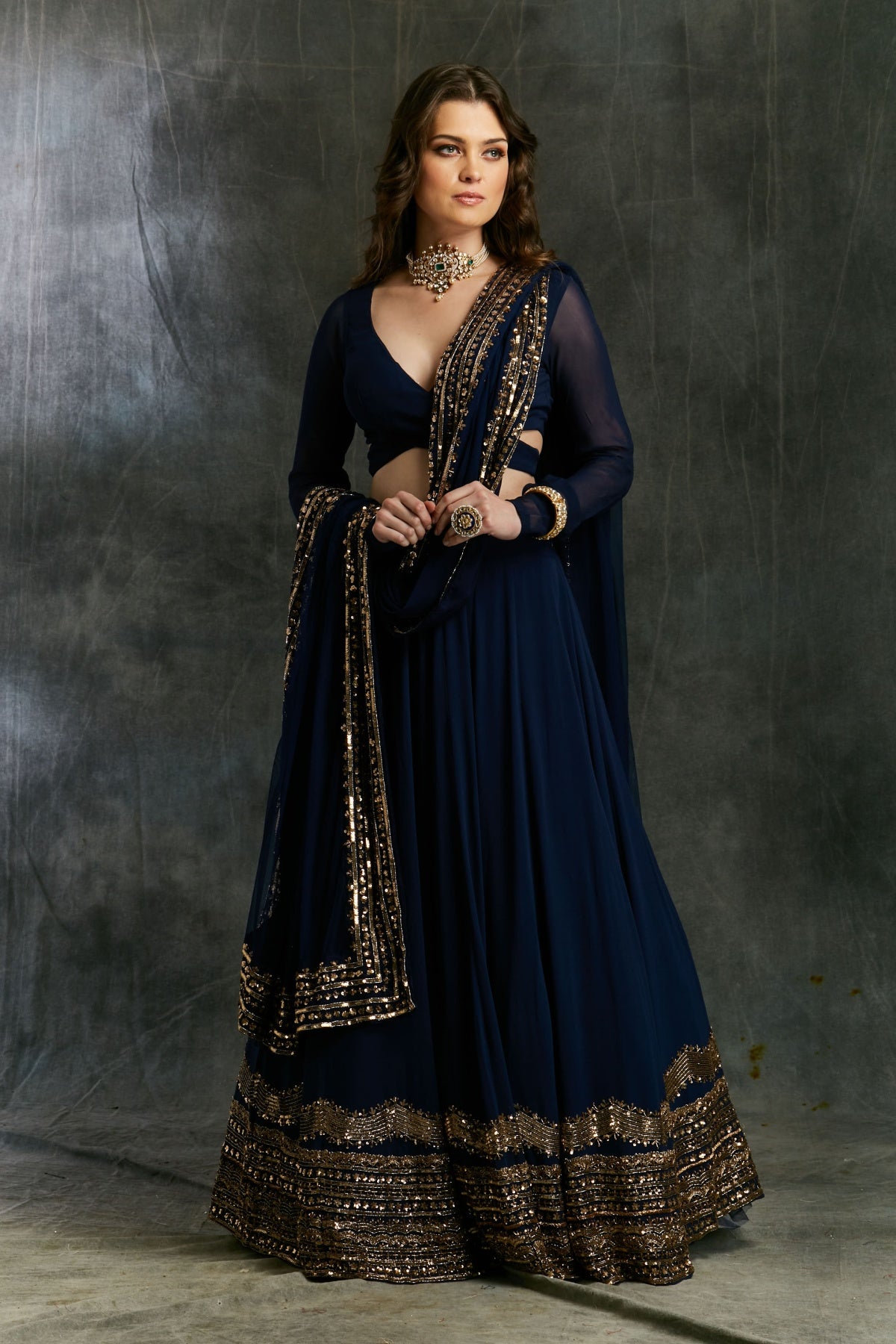 Dark Blue Wrap Blouse Georgette Lehenga- Ready To Ship