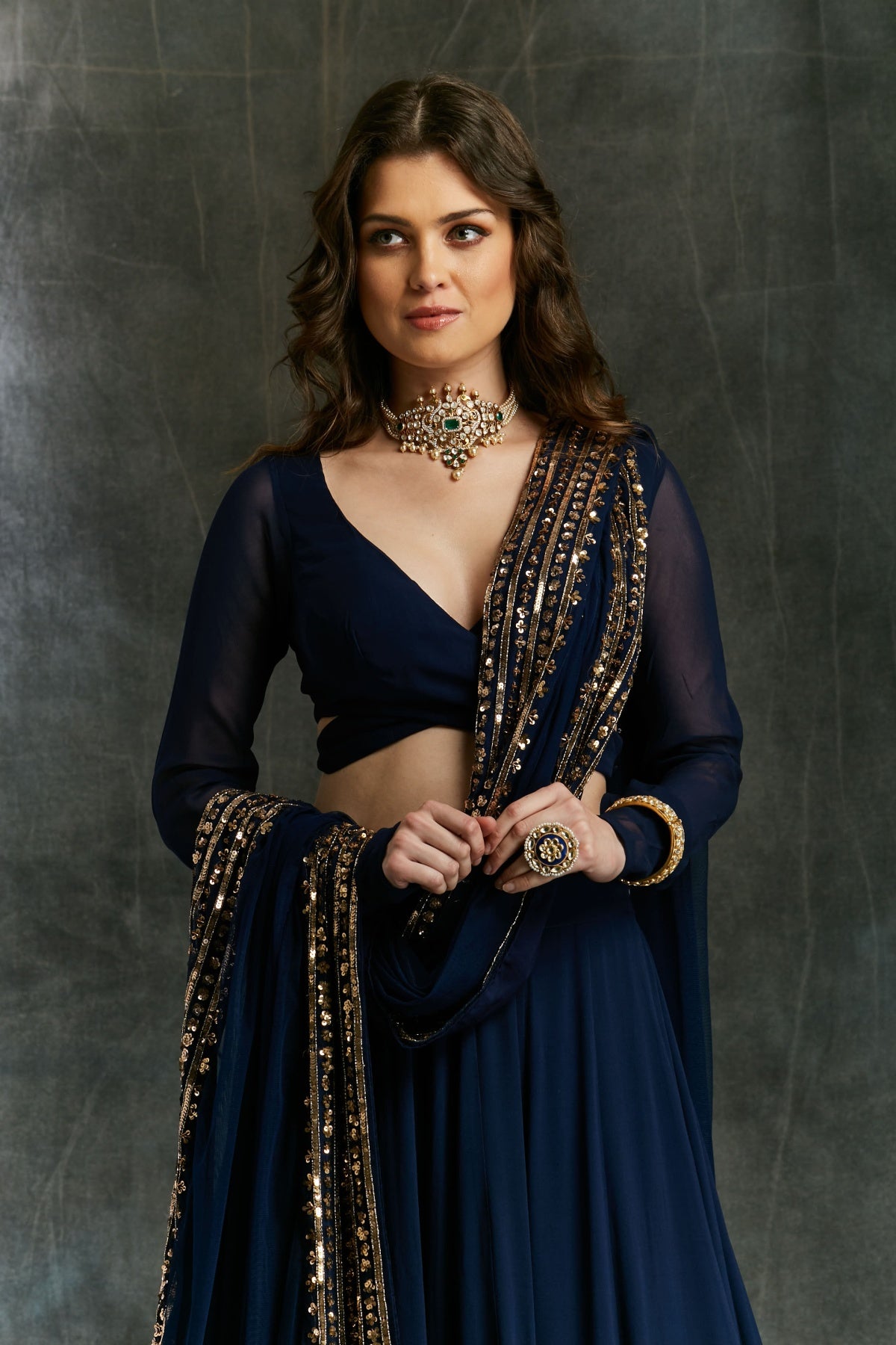 Dark Blue Wrap Blouse Georgette Lehenga- Ready To Ship