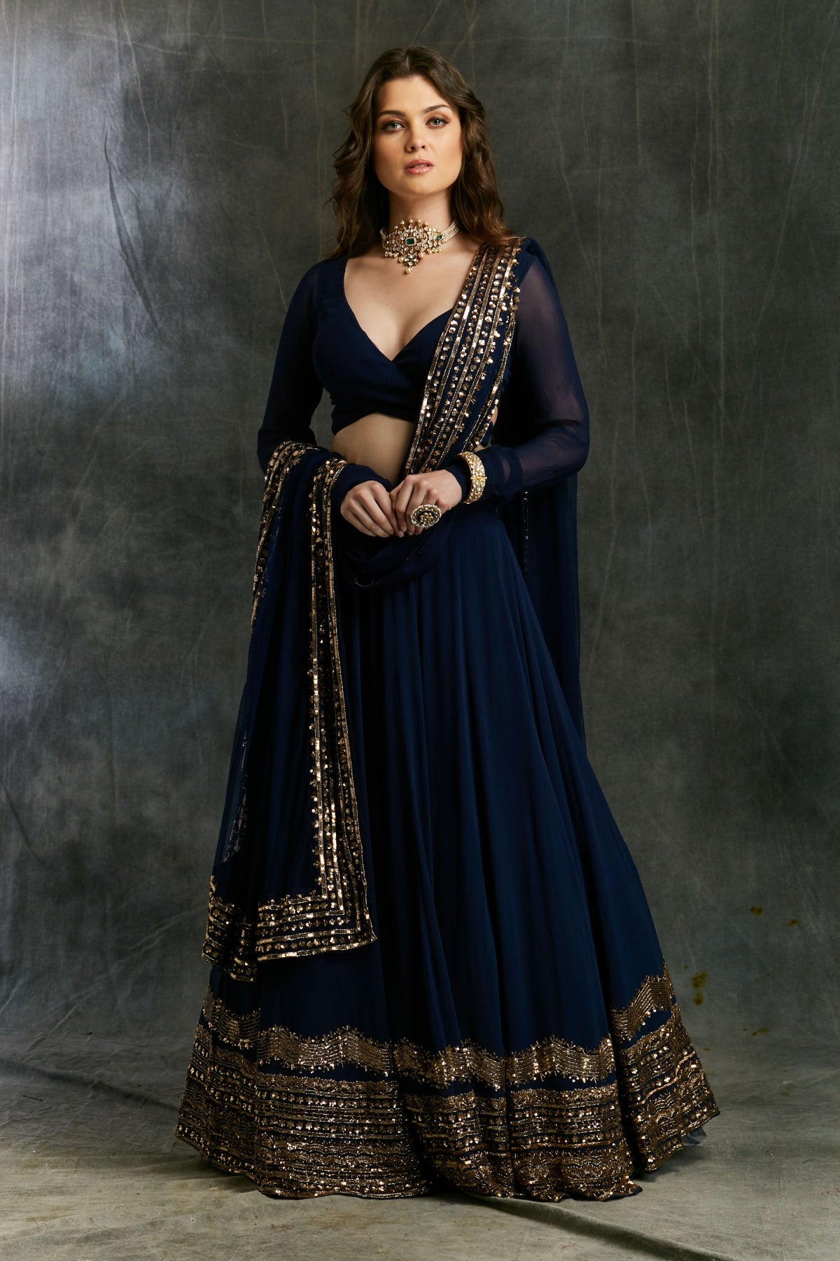 Dark Blue Wrap Blouse Georgette Lehenga- Ready To Ship