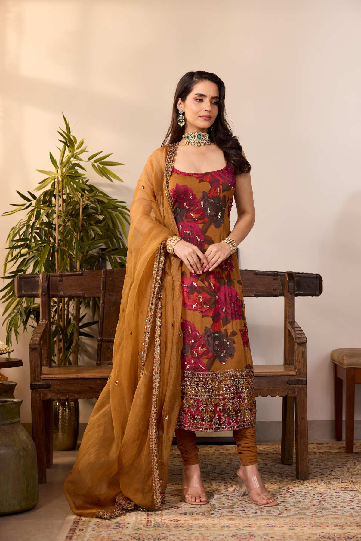 DARK MUSTARD CHIFFON FLORAL KURTI