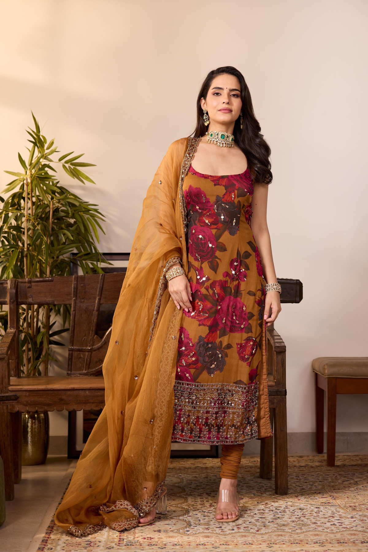 DARK MUSTARD CHIFFON FLORAL KURTI