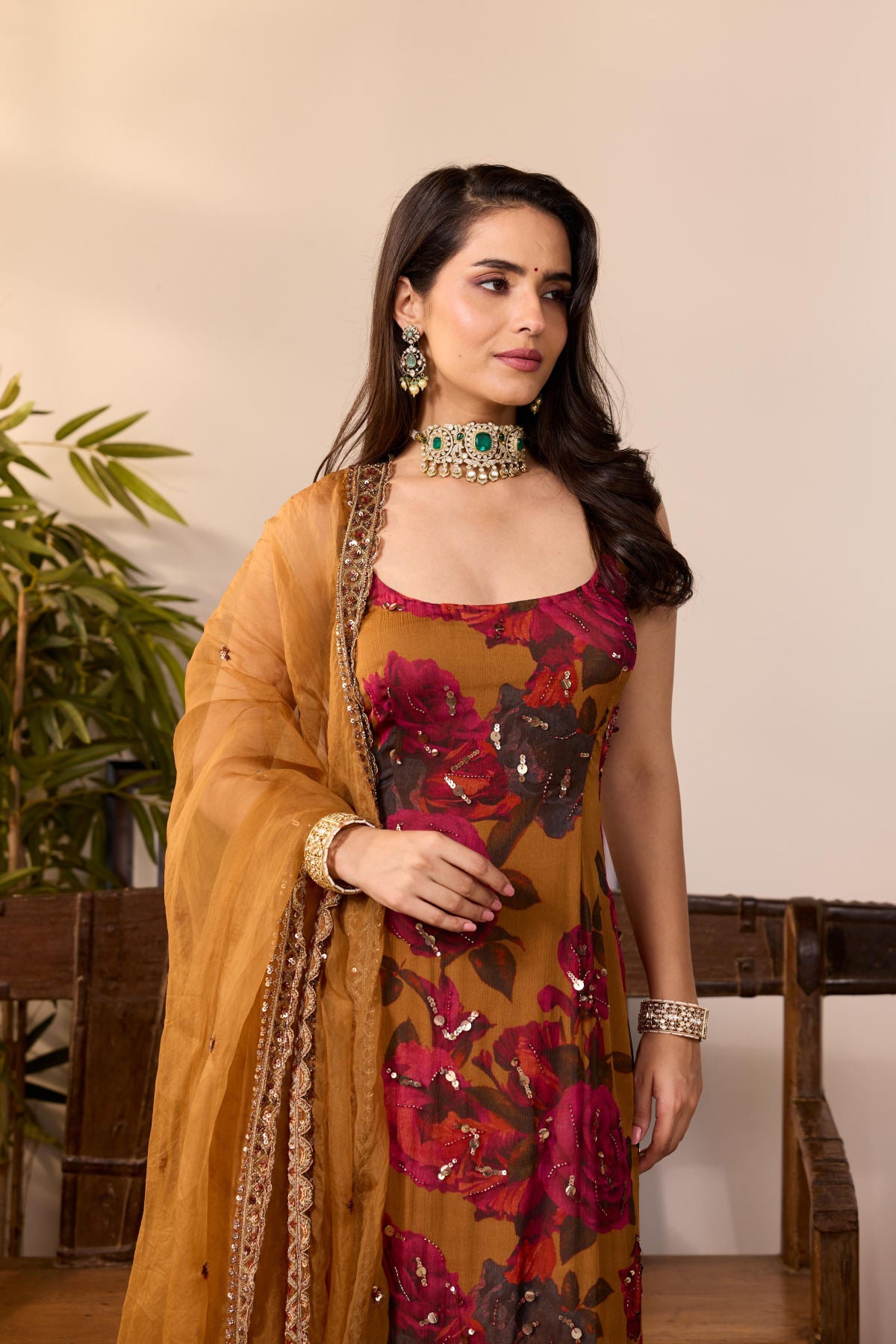 DARK MUSTARD CHIFFON FLORAL KURTI