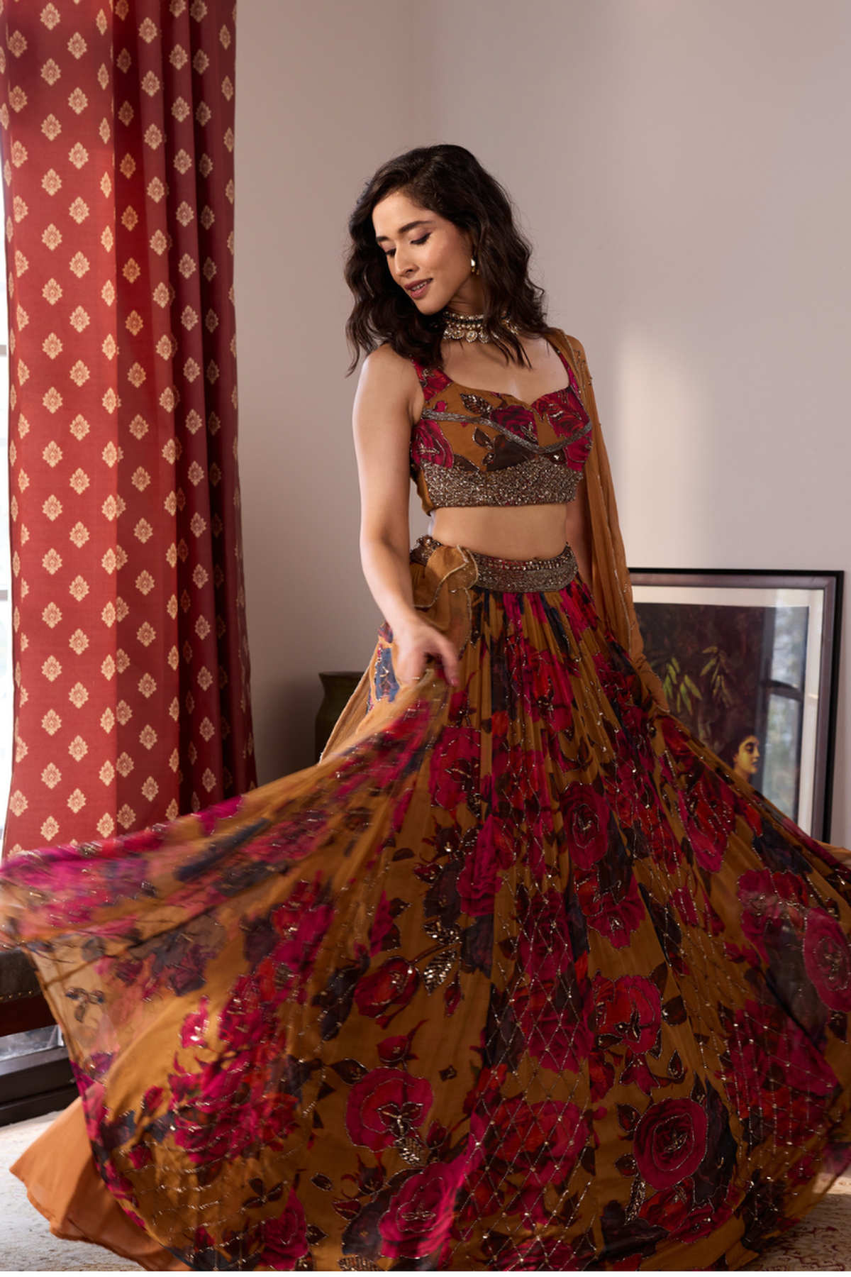 DARK MUSTARD CHIFFON FLORAL LEHENGA