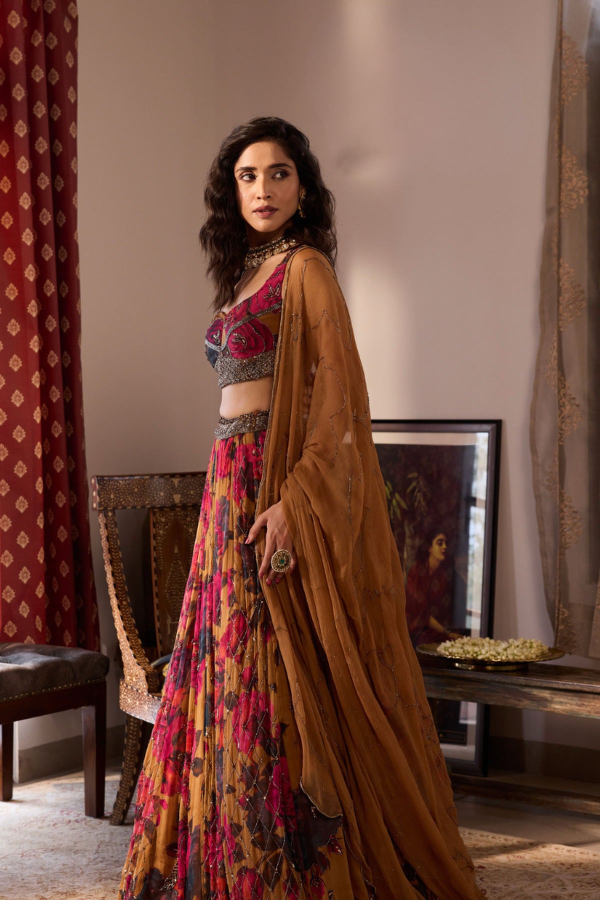 DARK MUSTARD CHIFFON FLORAL LEHENGA
