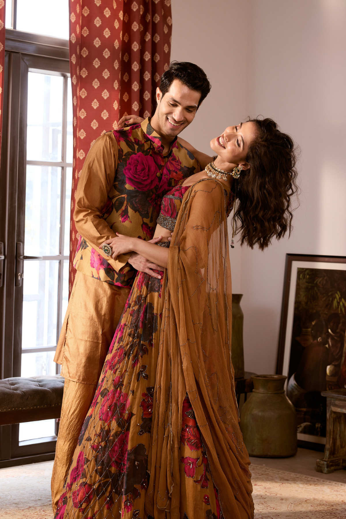 DARK MUSTARD CHIFFON FLORAL LEHENGA