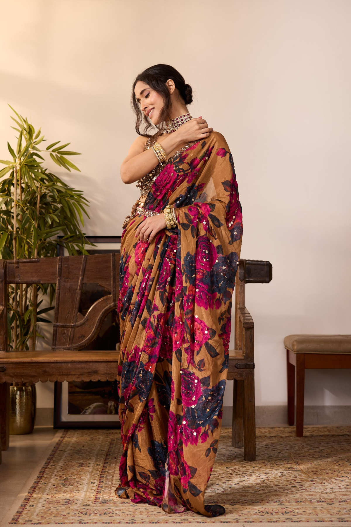 DARK MUSTARD CHIFFON FLORAL SAREE SET
