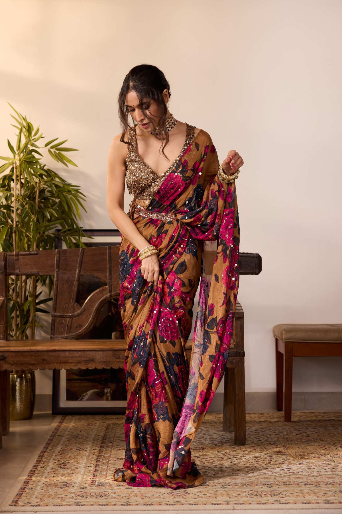 DARK MUSTARD CHIFFON FLORAL SAREE SET
