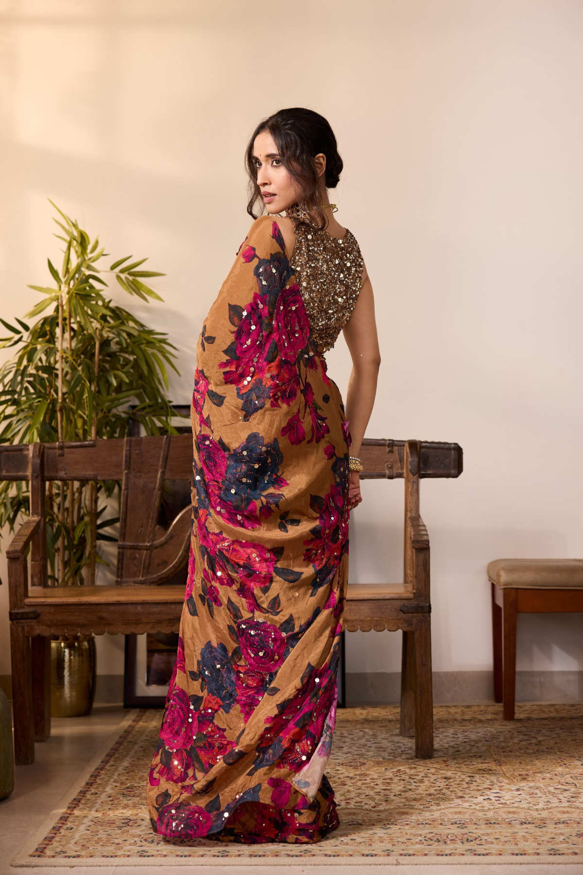 DARK MUSTARD CHIFFON FLORAL SAREE SET