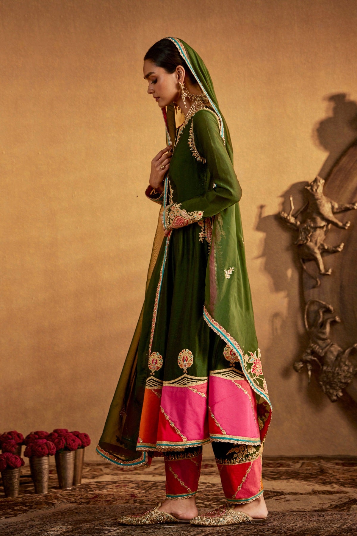 Deep Green Mughal Peacock Kurta Set