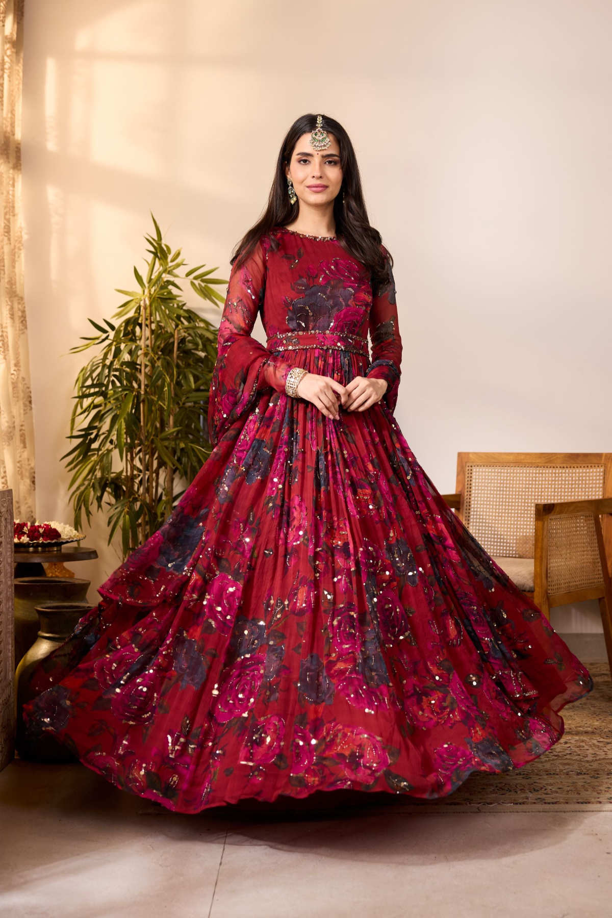 DEEP RED CHIFFON FLORAL ANARKALI