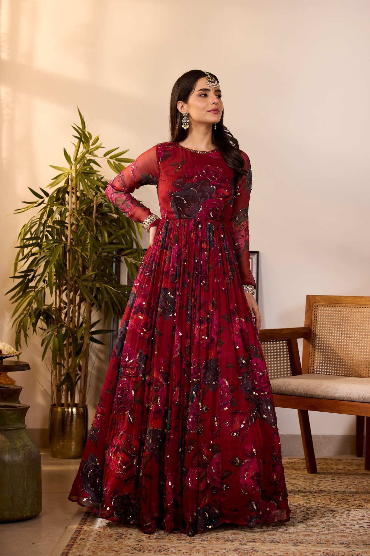 DEEP RED CHIFFON FLORAL ANARKALI