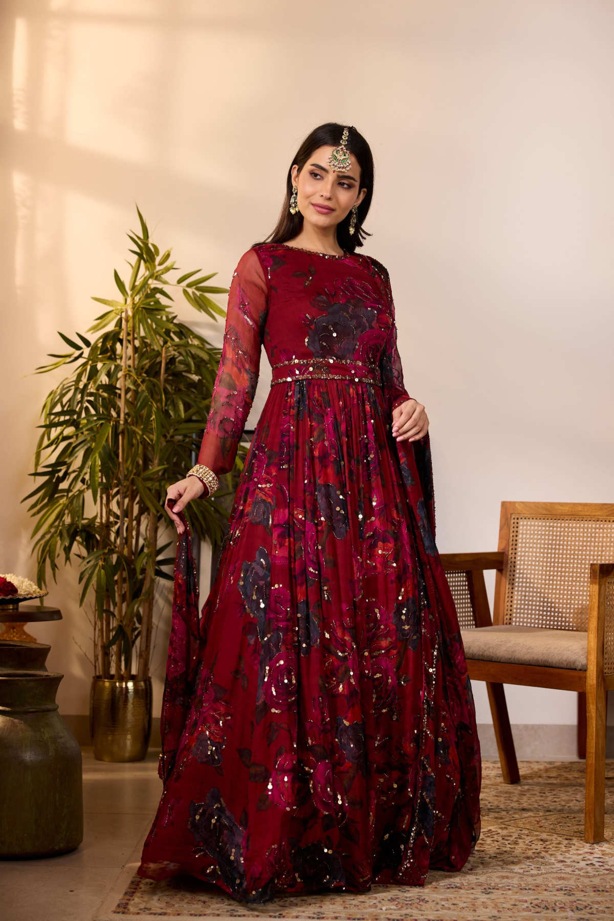DEEP RED CHIFFON FLORAL ANARKALI