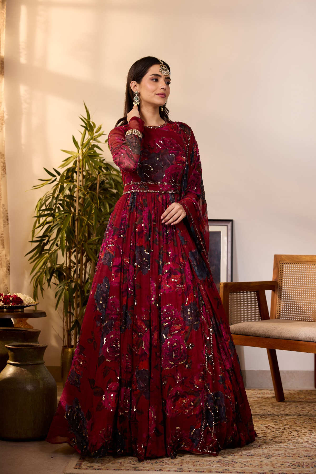 DEEP RED CHIFFON FLORAL ANARKALI