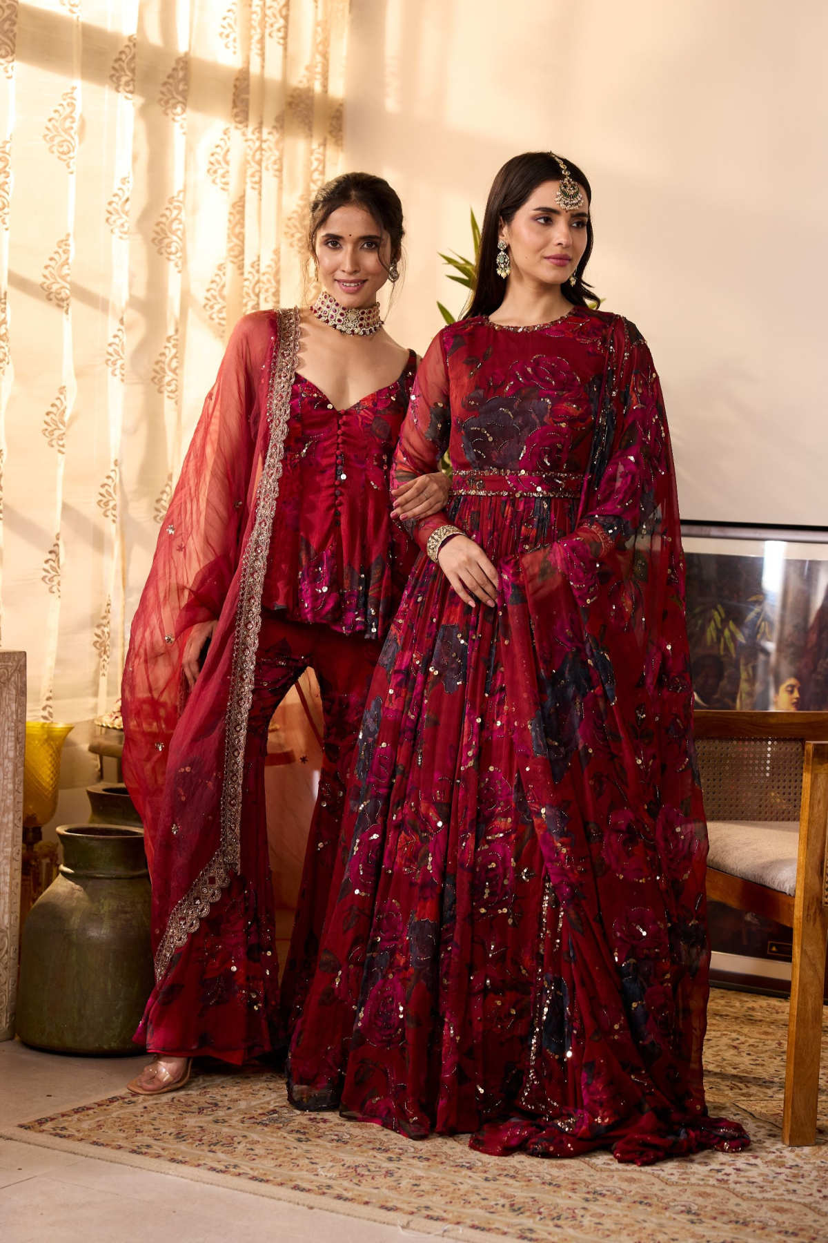 DEEP RED CHIFFON FLORAL ANARKALI