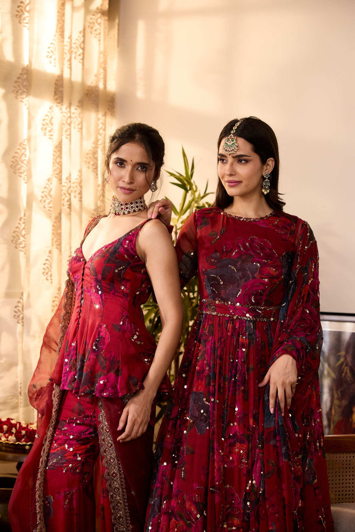 DEEP RED CHIFFON FLORAL ANARKALI