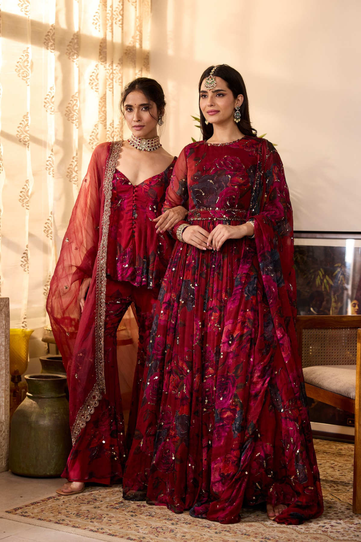 DEEP RED CHIFFON FLORAL ANARKALI