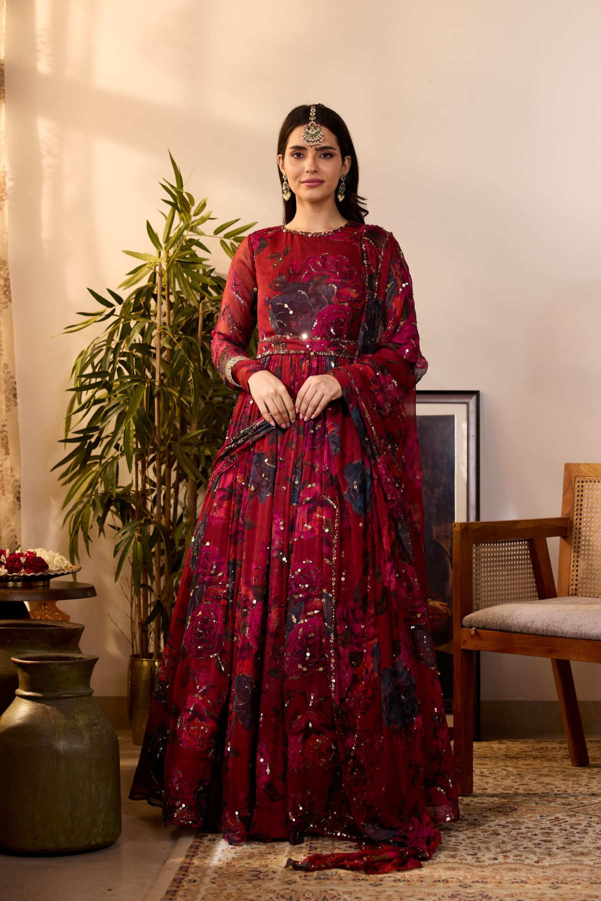 DEEP RED CHIFFON FLORAL ANARKALI