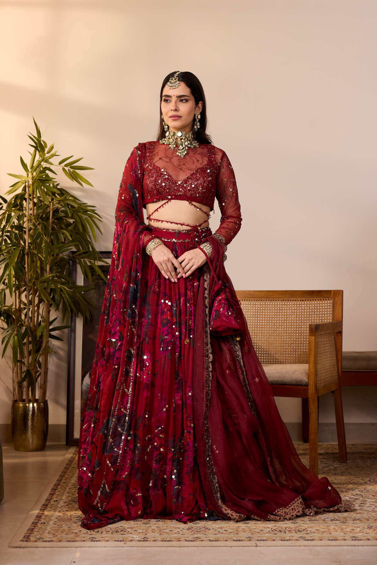 DEEP RED CHIFFON FLORAL LEHENGA