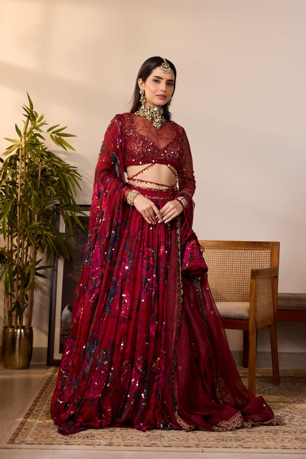 DEEP RED CHIFFON FLORAL LEHENGA