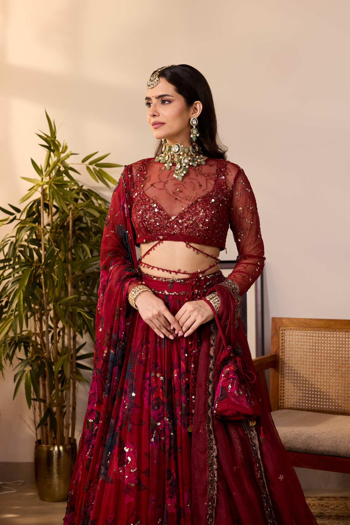 DEEP RED CHIFFON FLORAL LEHENGA