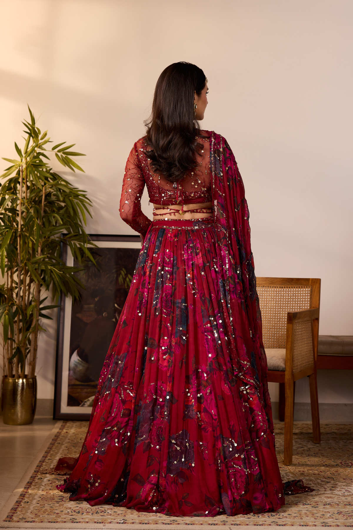 DEEP RED CHIFFON FLORAL LEHENGA