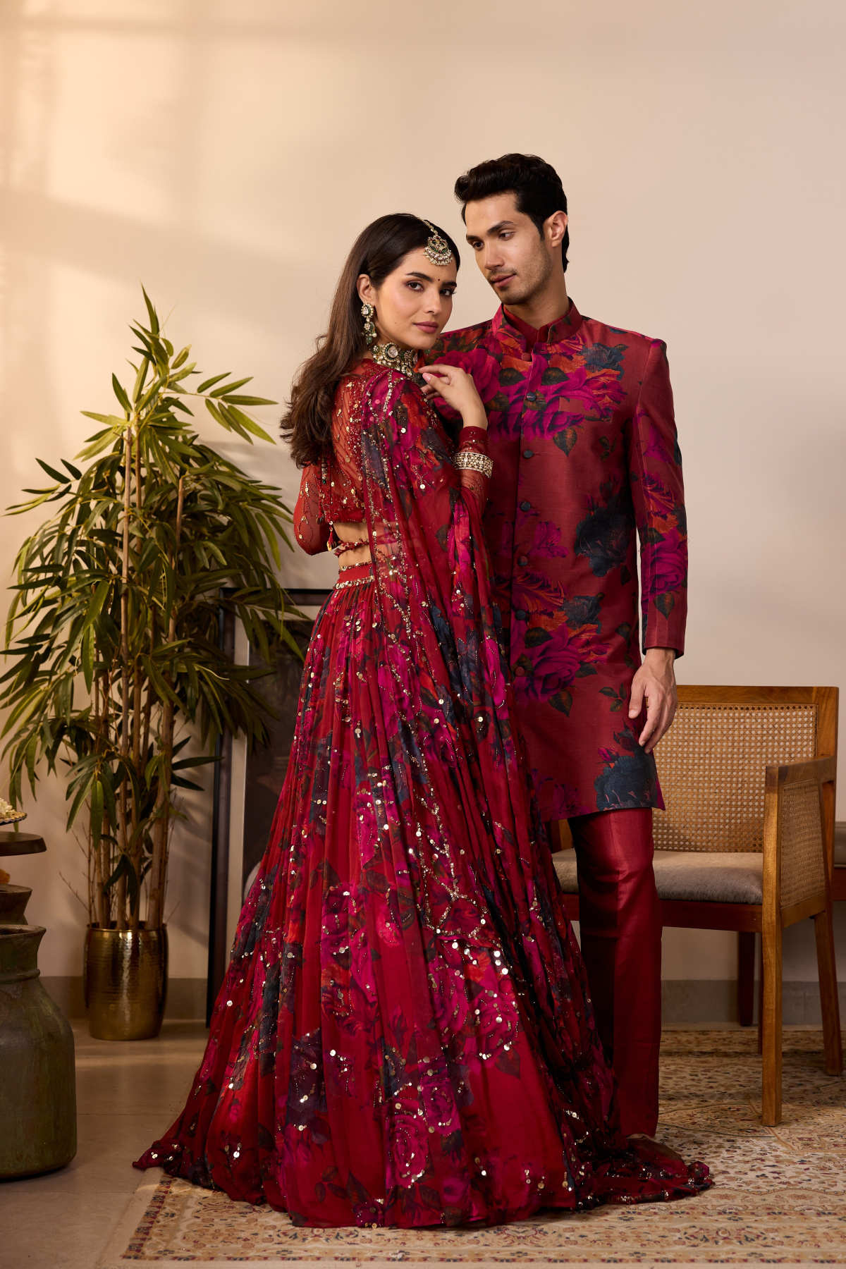 DEEP RED CHIFFON FLORAL LEHENGA