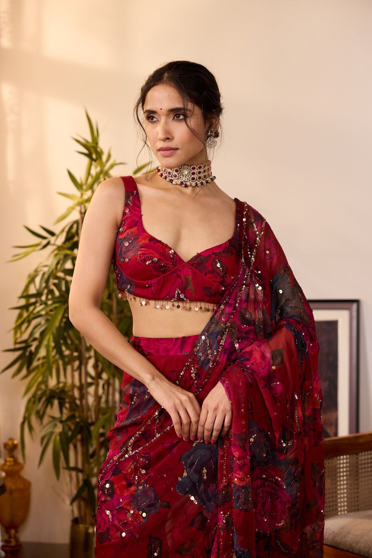 DEEP RED CHIFFON FLORAL SAREE