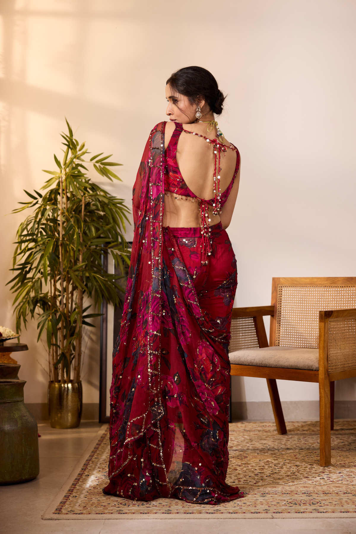 DEEP RED CHIFFON FLORAL SAREE