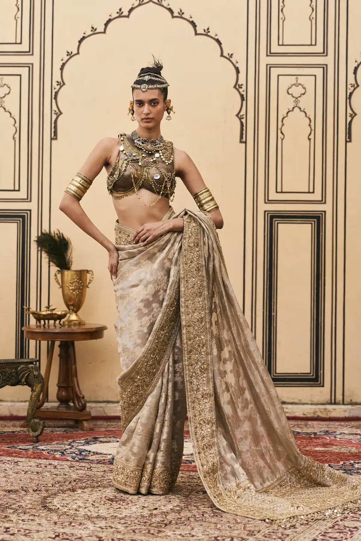 Dhoomra Tissue Brocade Metal Saree Set
