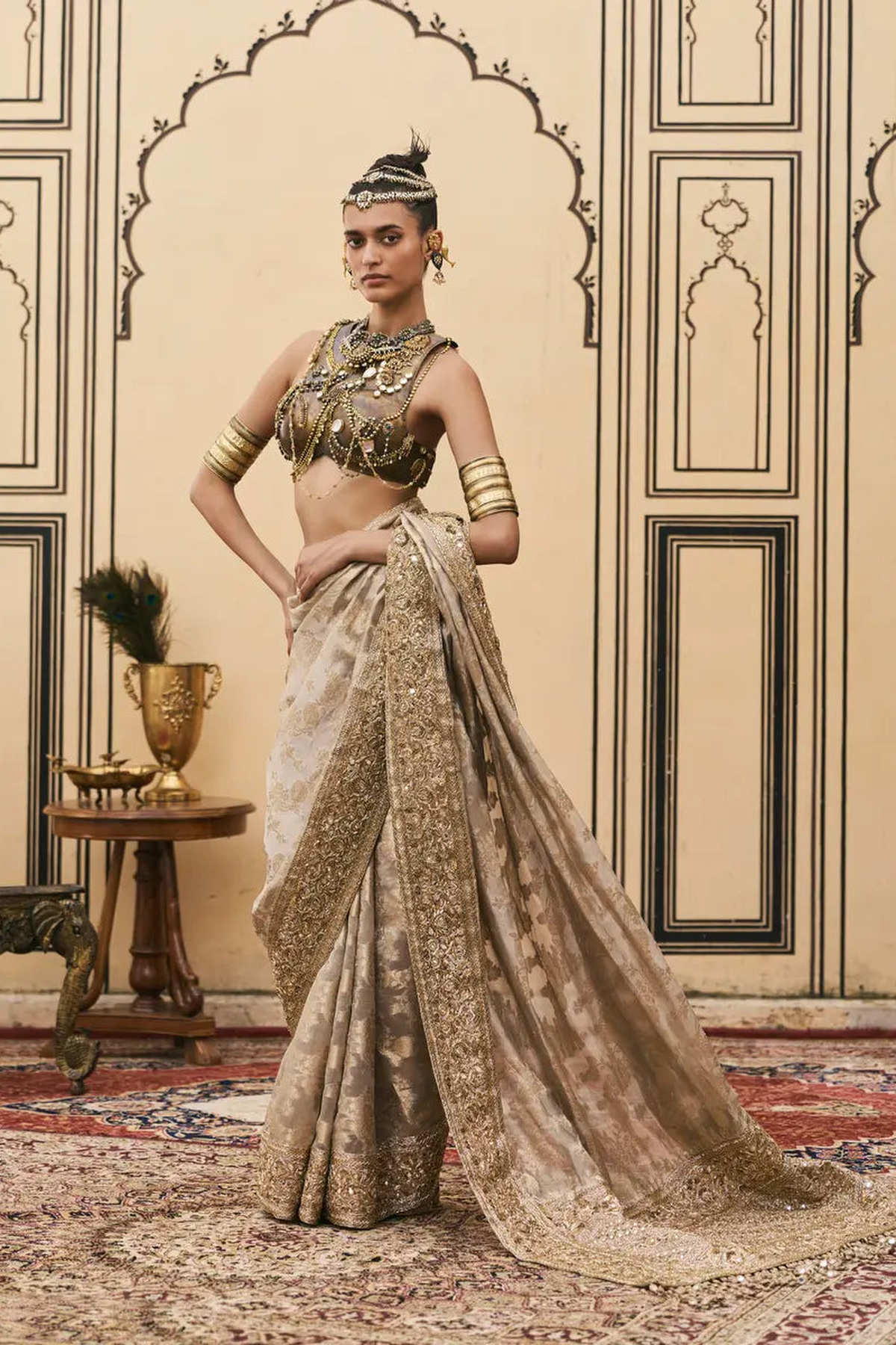 Dhoomra Tissue Brocade Metal Saree Set
