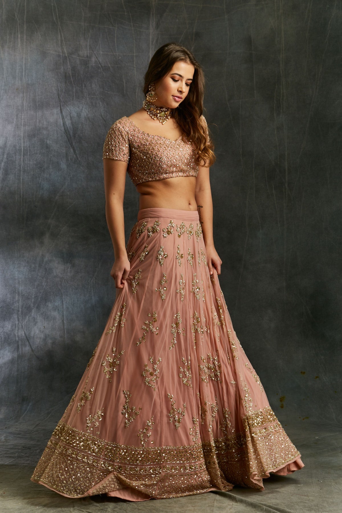 Dusty Pink With Gold Work Lehenga Set- Ready To Ship