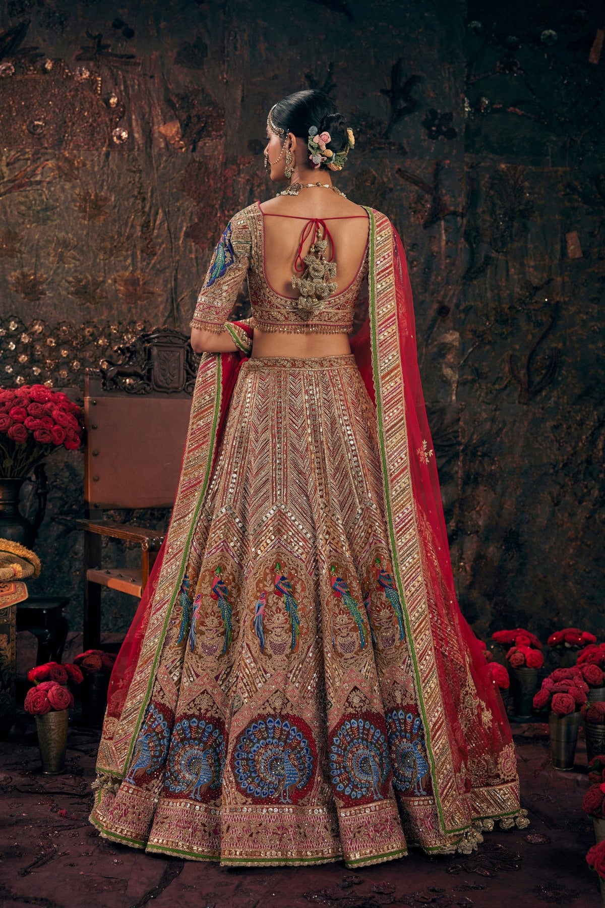 Earthy Garnet Red Avian Embroidered Lehenga