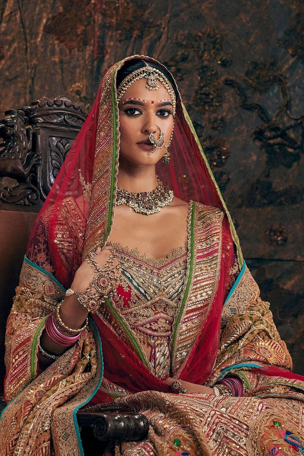 Earthy Garnet Red Avian Embroidered Lehenga