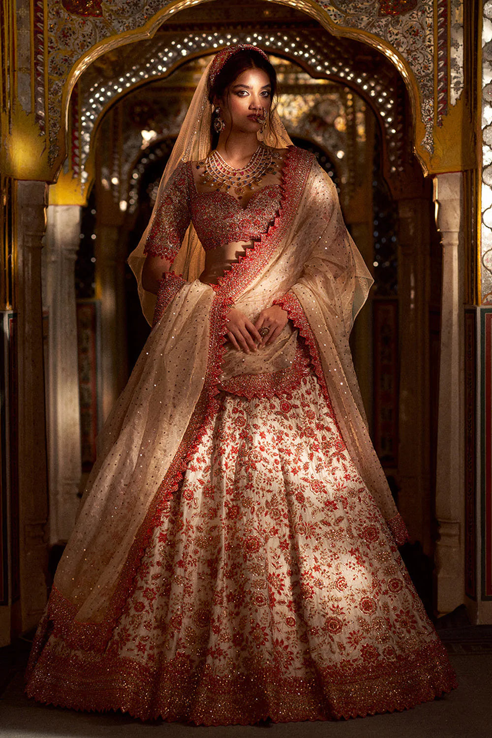 Cream Red Zardozi Lehenga Set