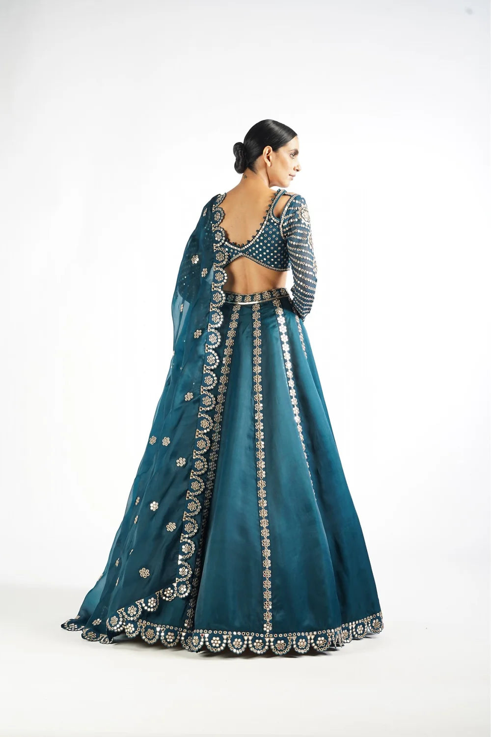 Dark Teal Flower Linear Lehenga Set