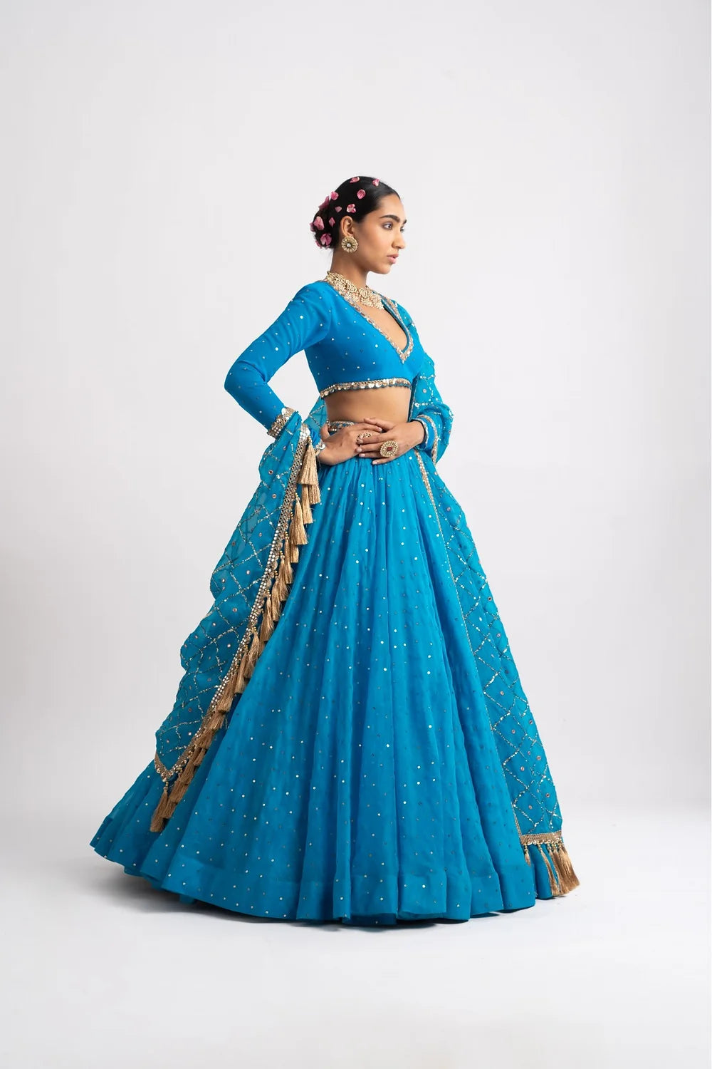 Firozi Silk Organza Heavy Dupatta Lehenga Set