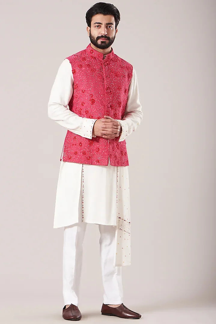 White Cotton Silk Kurta Set With Waistcoat