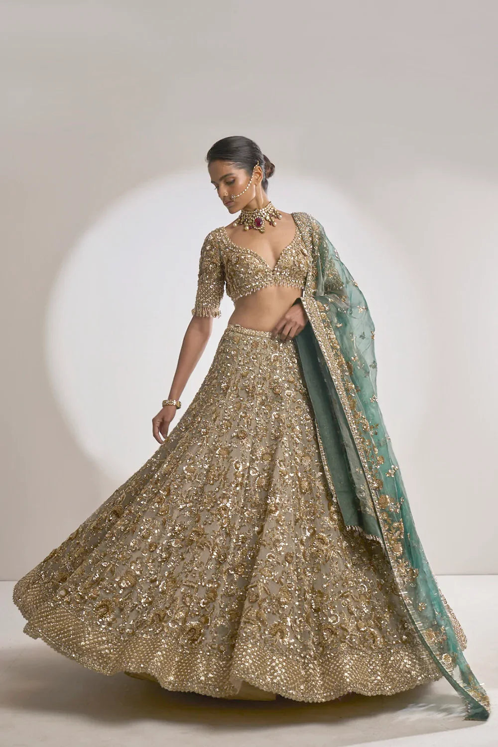 Champagne Zardozi Lehenga Set