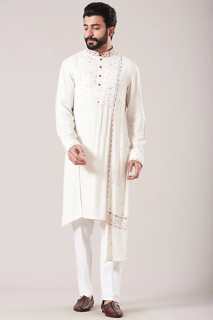 White Cotton Silk Kurta Set With Waistcoat