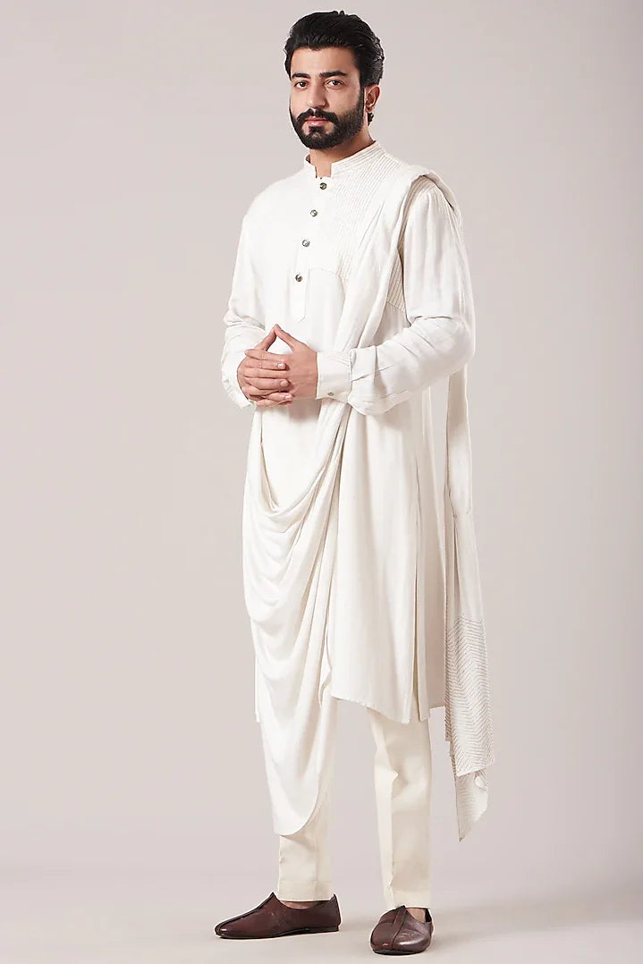 Off-White Moss Crepe Kurta With Waistcoat