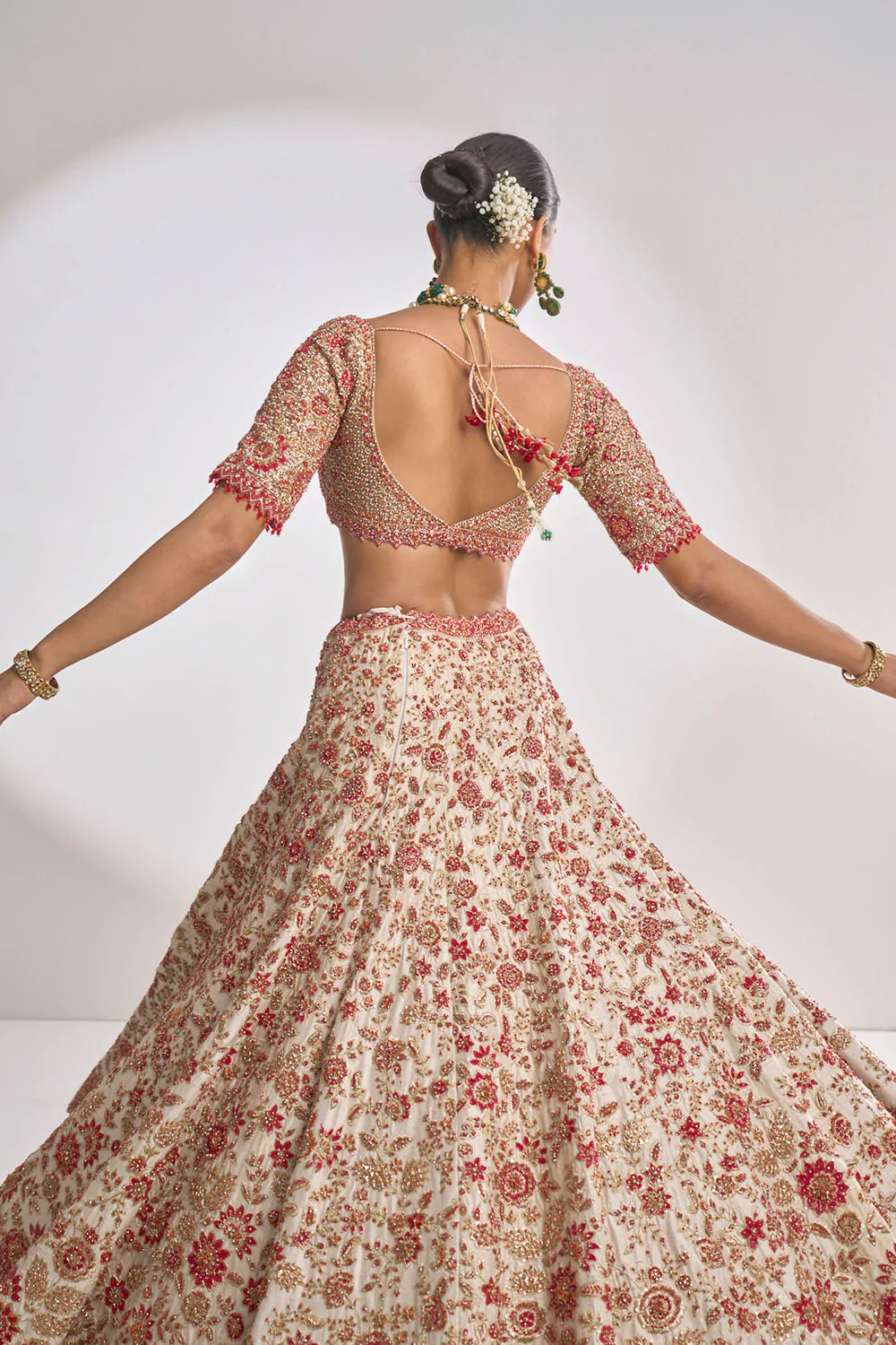 Cream Red Zardozi Lehenga Set