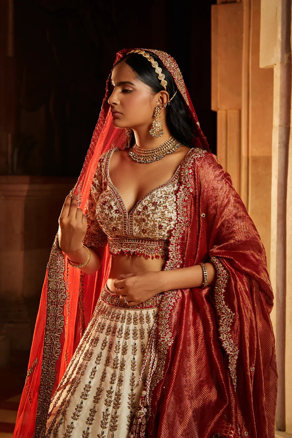 IVORY TAFFETA BRIDAL LEHENGA CHOLI SET WITH RED DUPATTA