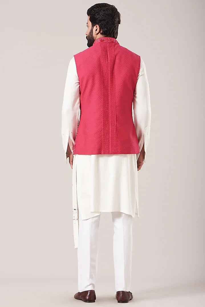 White Cotton Silk Kurta Set With Waistcoat