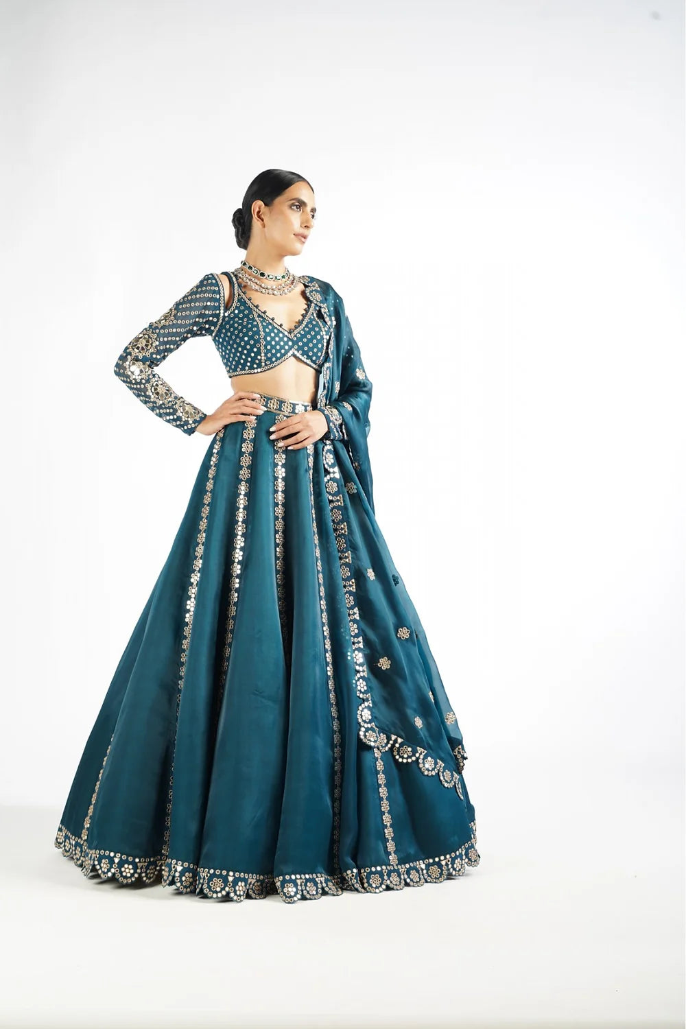 Dark Teal Flower Linear Lehenga Set