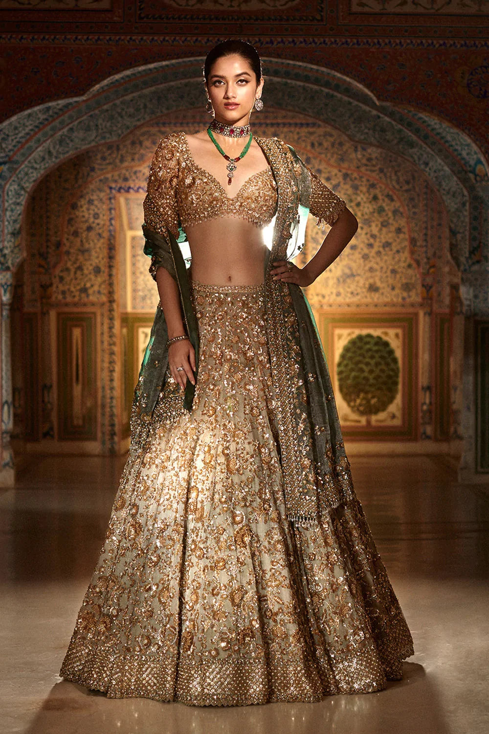 Champagne Zardozi Lehenga Set