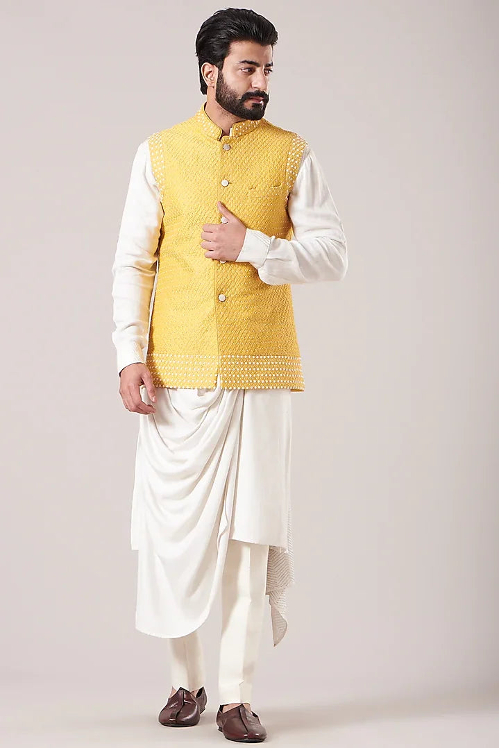 Off-White Moss Crepe Kurta With Waistcoat