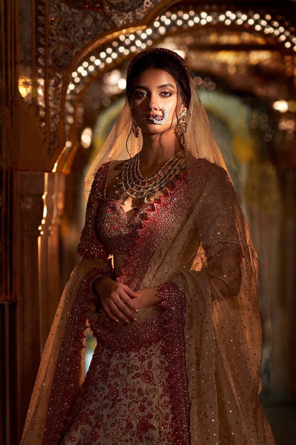 Cream Red Zardozi Lehenga Set