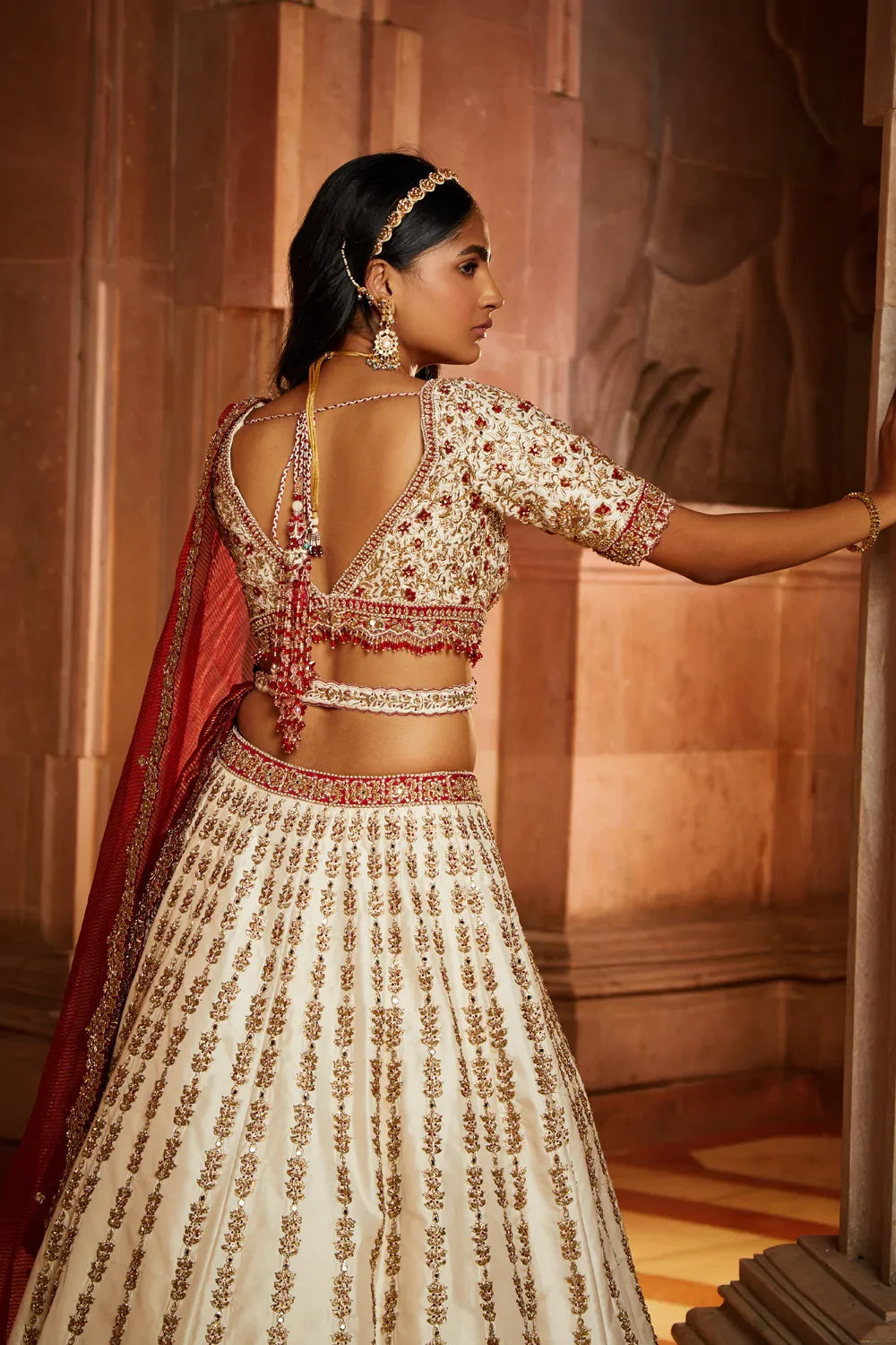 IVORY TAFFETA BRIDAL LEHENGA CHOLI SET WITH RED DUPATTA