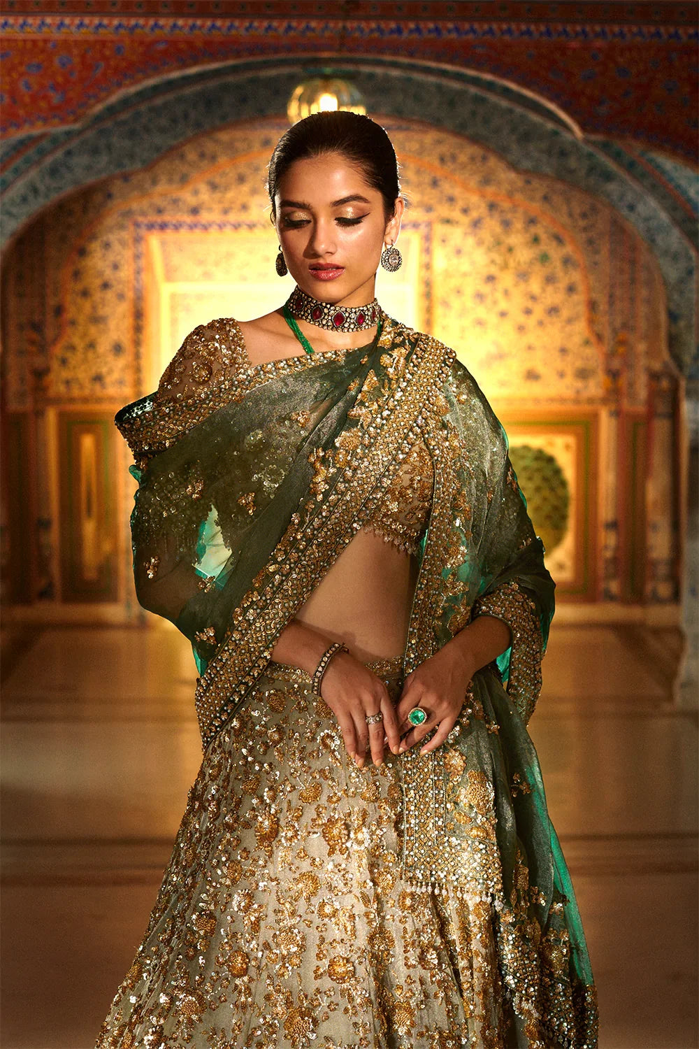 Champagne Zardozi Lehenga Set